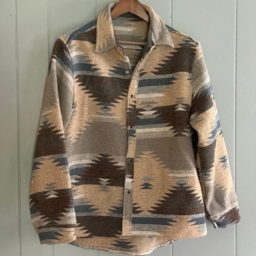 RFANTASY Mens Southwestern Aztec Print Snap Button Flannel Shirt Jacket Brown XL